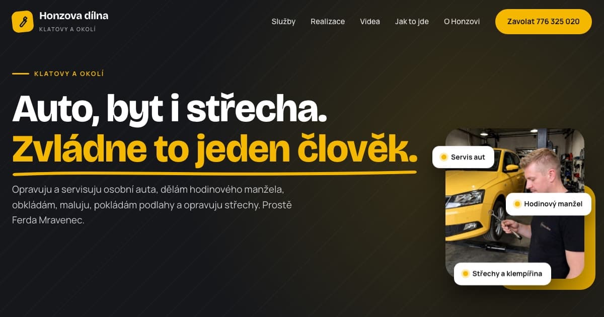 Web Honzovy dílny, servis aut a hodinový manžel, Klatovy