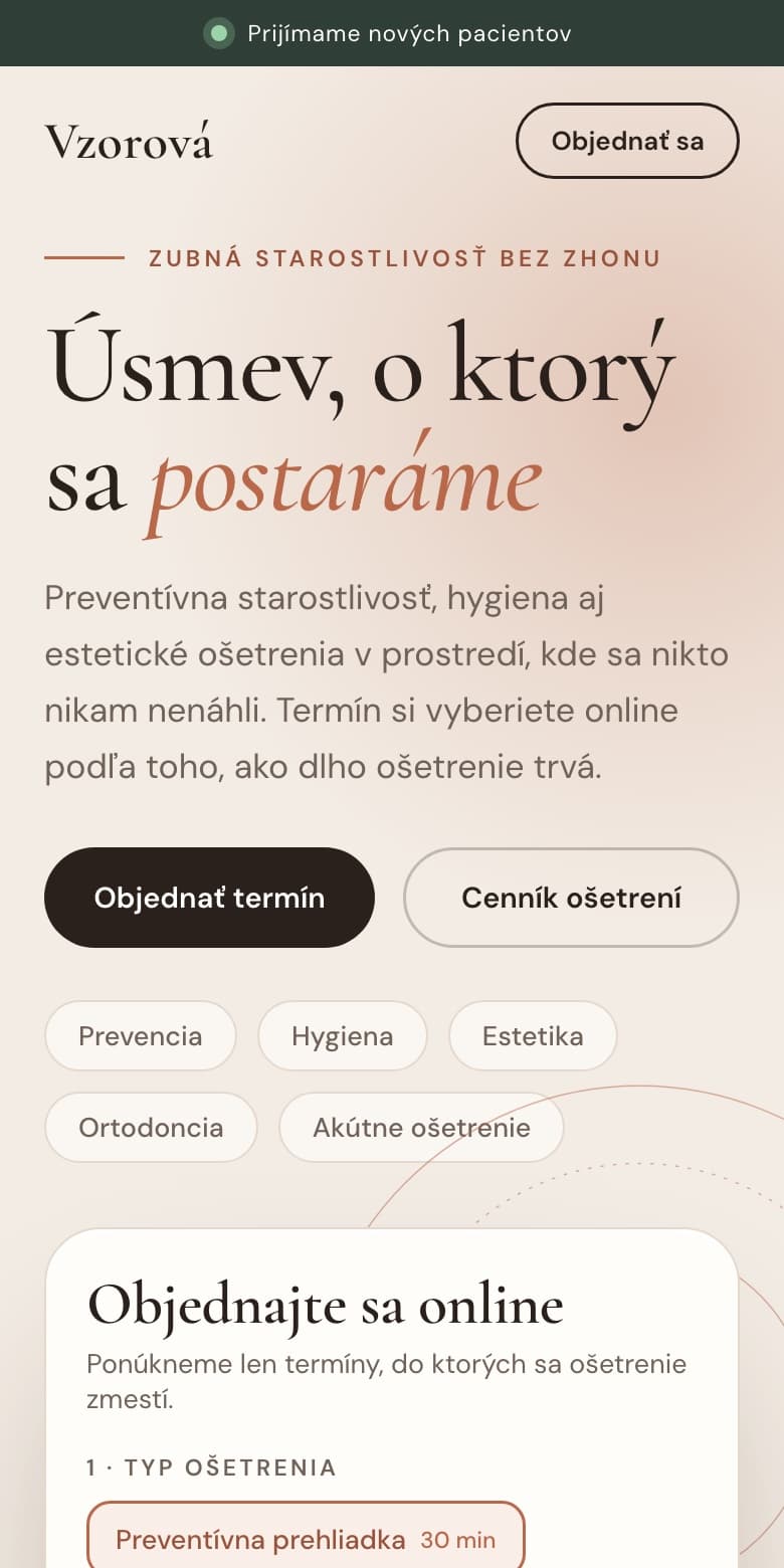 Ukážkový návrh webu Zubná ambulancia Vzorová, verzia pre mobil