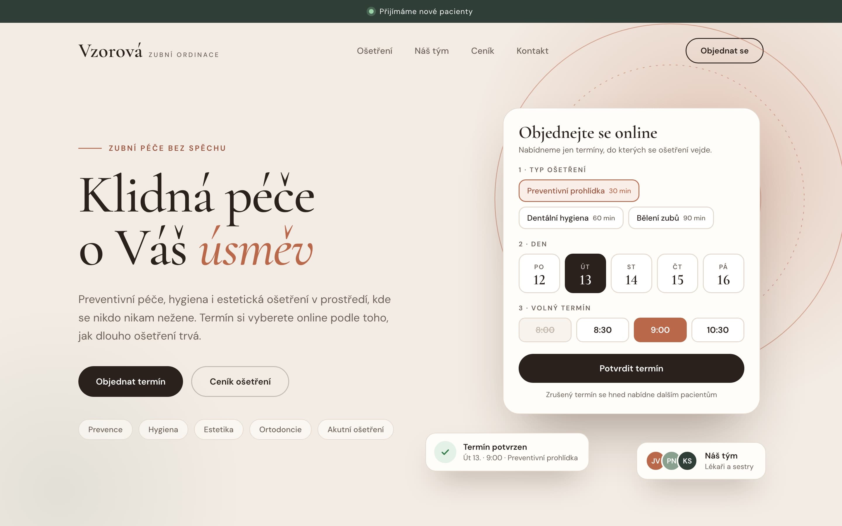Ukázkový návrh webu Zubní ordinace Vzorová, verze pro počítač