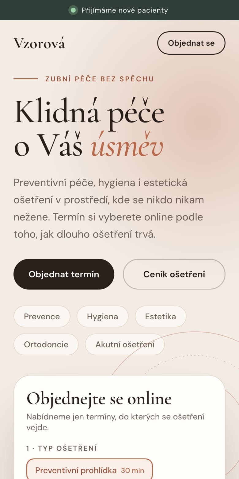 Ukázkový návrh webu Zubní ordinace Vzorová, verze pro mobil